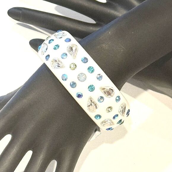 Thalia Sodi White Bangle Bracelet with shades of Blue and Green Crystals - Picture 3 of 8
